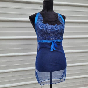 Women Sexy Lingerie Halter Chemise Lace Babydoll Mesh Nightwear Teddy Blue S/M